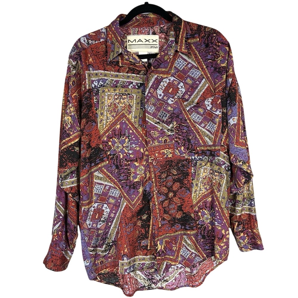 90's Vintage Maxx (FM) Red Button Up Shirt Men's Art Deco Bold Casual USA Medium